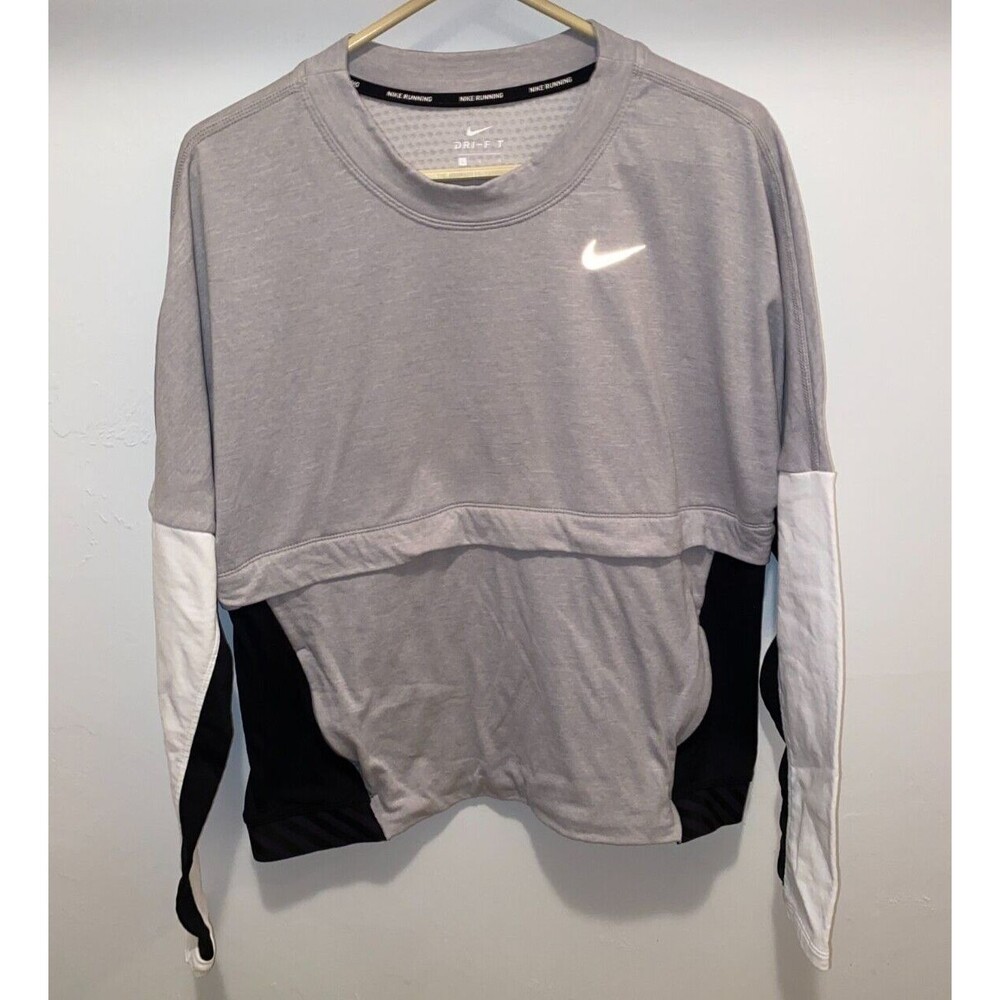 Nike Womens L Grey Dri-fit Athletic Pullover Long Sleeve Colorblock Sweatshirt
